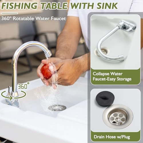 Folding Fish Cleaning Table Portable Camping Sink Table with Faucet Drainage Hose & Sprayer Outdoor Fish Fillet Cleaning Station with Grid Rack & Knife Groove for Picnic Fishing, Grey - style: A Sink-Grey