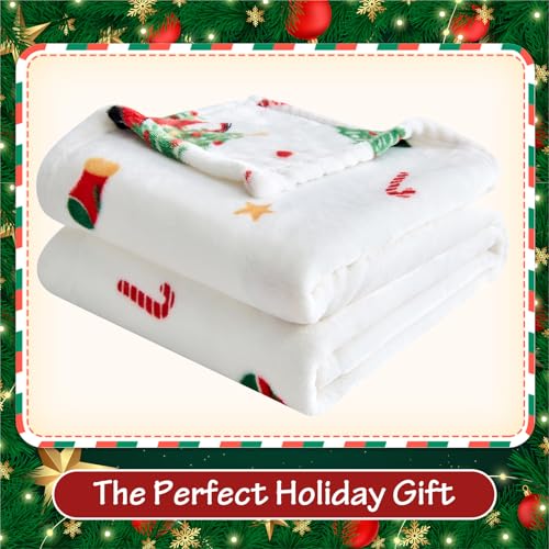 Edenleaf Christmas Blanket - White Holiday Throw with Santa Claus & Snowman - Warm Cozy Fleece Winter Blanket, 60x80 Inches，White - color: 04 Christmas White, size: Blanket-60"x80"