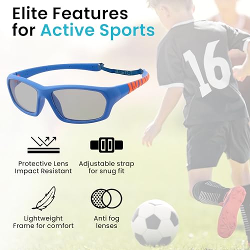 BLUE CUT Kids Sports Protection Goggles – Photochromic Safety Glasses for Children, Basketball, Baseball & Outdoor Sports - color: Blue/Orange Photochromic-kids Size
