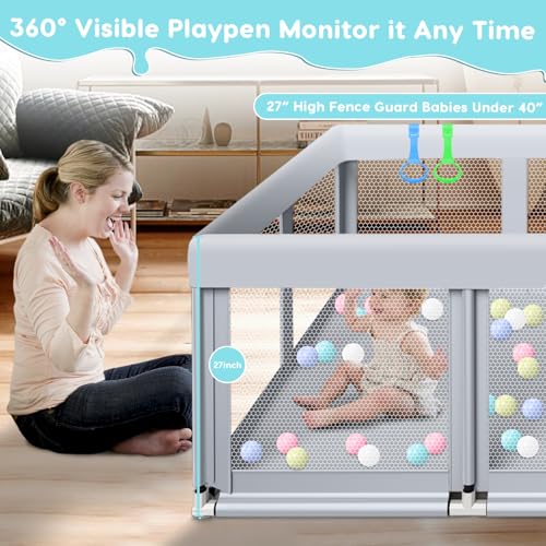 Fshibila 74" ×50" Large Baby Playpen, Baby Playard for Babies and Toddlers, PlayPen for Indoor & Outdoor, Sturdy Safety Play Yard with Soft Breathable Mesh, Anti-Fall, Ball x 18, Handle x 2, Grey - color: Grey, size: 74 × 50 Inch + handle&ball
