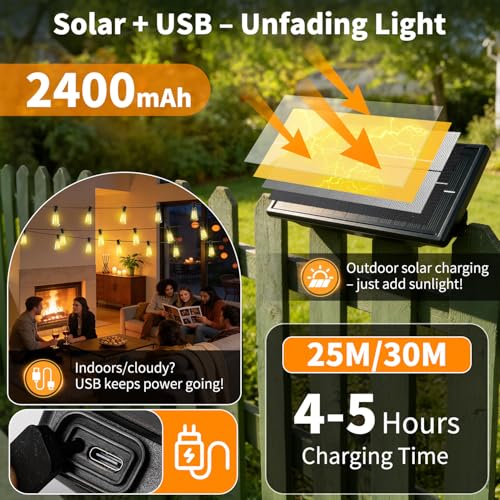 Outdoor Solar String Lights Waterproof: ST38 100ft Shatterproof Patio Lights - Solar Powered & USB Dual Charging - 3 Modes Button Control - Garden Backyard Gazebo Porch Party Decor - size: 100FT-Button