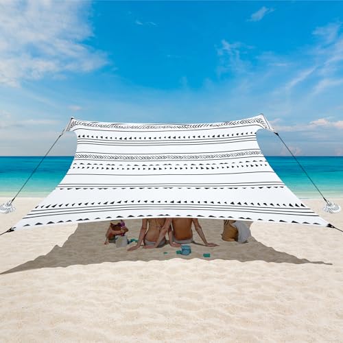 Beach Tent, Beach Canopy Sun Shade UPF 50+, Portable 10×10 FT Camping Sun Shelter with Sandbags, Poles, Ground Pegs and Anti-Wind Ropes Easy Setup for Outdoor, Backyard, Picnics, Fishing