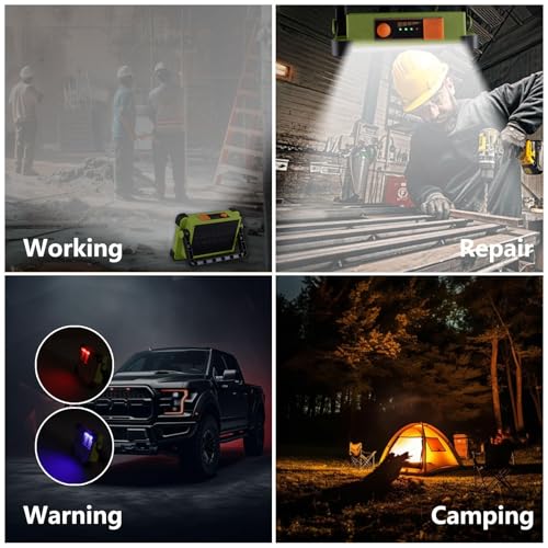 YXQUA 120W Solar Rechargeable Work Light, 144 LED Portable Flood Light with Stand, IP66 Waterproof 4 Modes LED Job Site Lighting Flashlights for Mechanic Camping Fishing Car Repair(Green 1 Pack) - style: Green 1 Pack