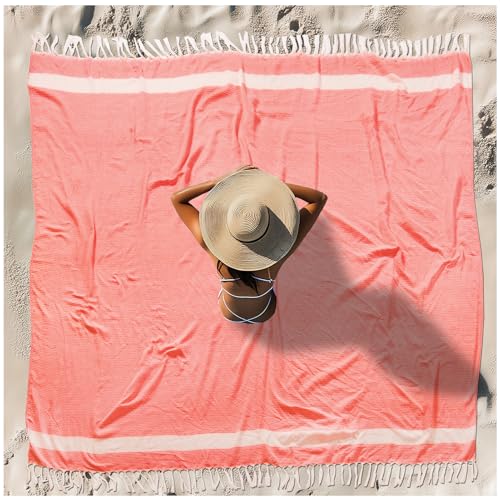 Oversized Turkish Beach Towel Blanket XXL Cotton Sandproof Towels Boho Woven Extra Large Big Sand Free Giant Throw Blankets Huge Quilt XL Picnic Camping Necessities Cloud For Adult Gifts Coral - color: Woven Coral, size: XXXL(88x82 IN,224x208 CM)