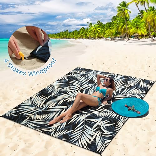 HIHOHO Beach Blanket Waterproof Sandproof Beach Mat 79”x 83” for 1-8 Adults Quick Drying Durable Outdoor Picnic Mat for Beach Festival Travel Camping Hiking (BK&W-Palm, 79"×83"(4 Person)) - color: Bk&w-palm, size: 6'11" x 6'7"