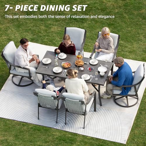NATURAL EXPRESSIONS 7 Piece Patio Dining Table Outdoor Furniture Set for 6, 4Pcs Fixed and 2Pcs Swivel Patio Dining Chairs with Olefin Cushions, 65”Large Dining Table with Umbrella Hole - size: 7pcs Dining Sets