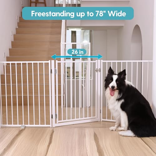 No Pawblems Free Standing Dog Gate with Door, 30'' Tall Foldable Dog Fence for Indoor & Outdoor, Up to 78 Inch Extra Wide Puppy Gate for Stairs, Hallways, Doorways, Deck, Yard (White, 3 Panels) - color: White, size: Up to 78" W, 3 Panels