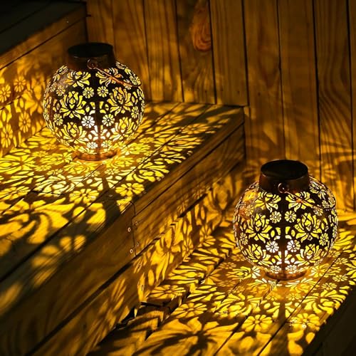 2 Pack Solar Lanterns Outdoor Gifts, IP44 Waterproof Hanging Solar Lights Decor Lamp for Garden, Patio, Pathway, Yard, Porch (Vintage Bronze Flower) - color: Vintage Bronze Flower