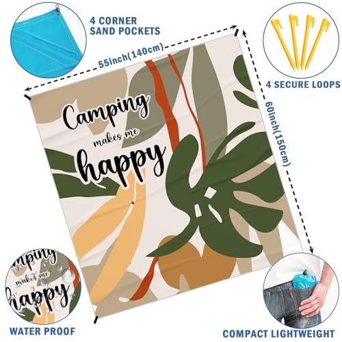 Camping Boho Pocket Picnic Blankets, Camp Mini Beach Camping Blanket Waterproof Sandproof, Botanical RV Decorative Outdoor Picnic Blanket Mat Gifts for Camper Campsite Travel Hiking 55x60in - color: Leaf
