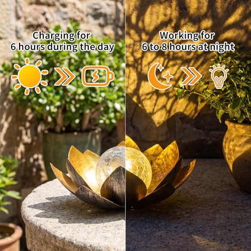 MEBRUDY Solar Lights Outdoor Garden Decor, Bright Globe Glass Lotus Flower Lamp, IP44 Waterproof Gold Metal Lotus LED Lights for Patio, Yard, Lawn, Tabletop Outside Decor, Garden Gifts for Mom Women - color: Gold