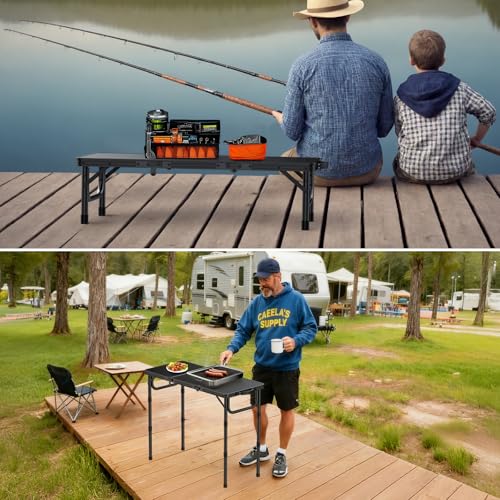 VINTEAM Tri-Folding Camping Table with 3 Adjustable Heights, Lightweight Portable Outdoor Picnic BBQ Table, Black Aluminum Folding Grill Table for Camping, RV, Beach, Fishing & Backyard - style: 3-Fold MDF Tabletop