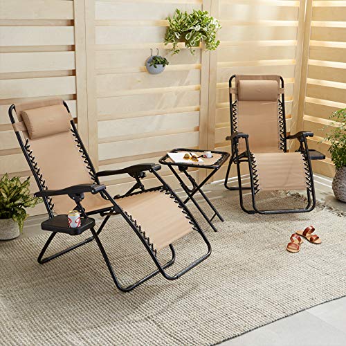 Amazon Basics Outdoor Textilene Adjustable Zero Gravity Folding Reclining Lounge Chair Set with Cup Holder, Side Table, Headrest, Weather-Resistant, 35 x 26 x 43 inches, Beige, 2-Pack - color: Beige