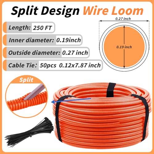 250FT Orange Split Wire Loom Tubing, 1/4 Inch Wire Protector Tubing, Automotive Wire Flexible Conduit Cord Covers with 50 Cable Ties for Automotive Marine Agriculture Electrical Cable Protection - color: Orange, size: 1/4in x 250ft