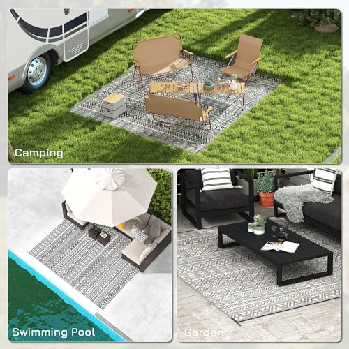 Outsunny Outdoor Rug for Patio, 8' x 10' Waterproof Large Mat, Reversible Plastic Straw Rug for Decor, Portable Outside RV Camping Area Carpet Mat for Backyard Porch Deck Picnic, Gray & Cream Boho - color: Gray and Cream White Boho, size: 7'11" x 10' (Rec