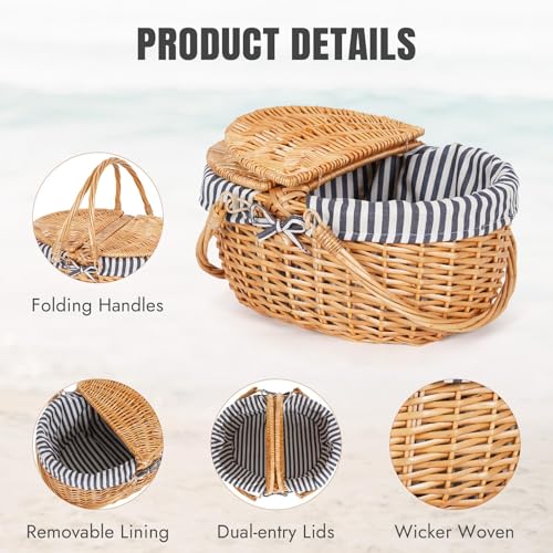 Happypicnic Wicker Picnic Basket with Handle, 15" Large Empty Picnic Basket with Lid & Removable Liner, Vintage Hand Woven Basket for Picnics, Camping, Veg Picking, Mother'S Day, Thanksgiving (Stripe) - color: Stripe, size: Large
