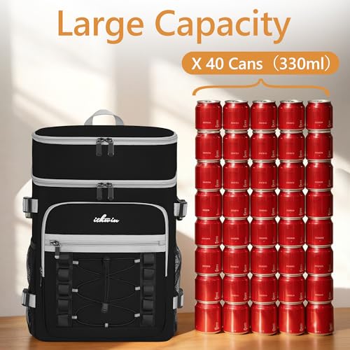 Cooler Backpack, 40 Cans Insulated Lunch Backpack Picnic Backpack for Men&Women, Durable Cooler Bag with 2 Leak Proof Compartments for Picnic, BBQ Camping, Lunch, Beach, Hiking, Black - color: Black