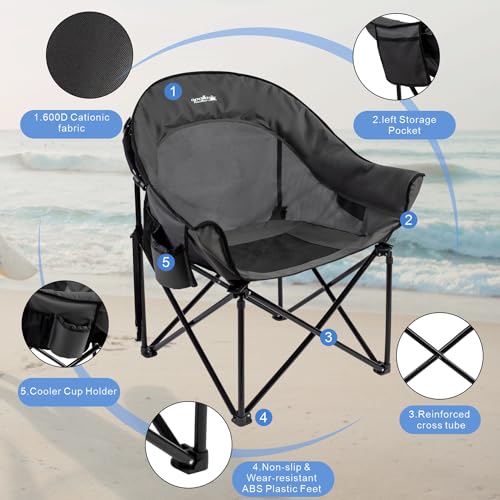 apollo walker Oversized Camping Chair - Heavy Duty XL Padded Camping Chairs with Breathable Mesh, Portable Folding Outdoor Chairs for Adults, Beach Chair with Cup Holder & Side Pocket, Supports 500lbs - color: Grey