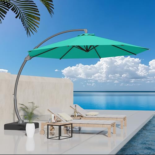 Kingdura 11ft Offset Cantilever Patio Umbrella with Base Included, Large Round Aluminum Outdoor Umbrella, 360° Rotation & Infinite Tilt, Heavy Duty Frame for Deck Pool Backyard, Turquoise Blue - color: Turquoise blue, size: 11 FT