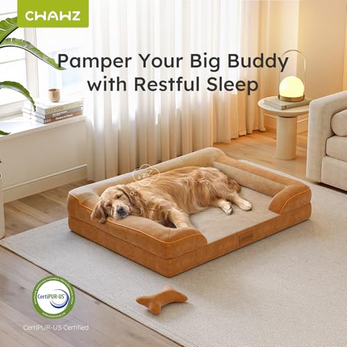 CWAWZ Dog Beds for Large Dogs, Orthopedic Dog Bed with Cooling Gel Memory Foam, Waterproof Large Pet Bed with Removable Washable Cover, 36" Pet Sofa Couch Dutch Velvet with Bone Toy, Brown - color: Brown, size: Large(36"L x 27"W x8.5"Th)