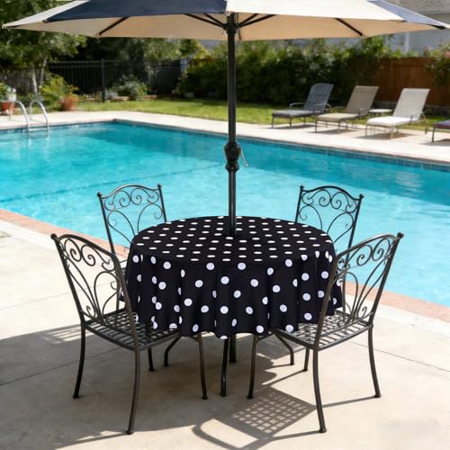 Poise3EHome Round Outdoor Tablecloth with Umbrella Hole and Zipper,Black Dot 60 Inch,Polyester SpillProof Washable Table Cloth for Spring Summer Patio Garden Poolside Picnic Camping BBQS - color: Black Dot, size: 60" (Round)