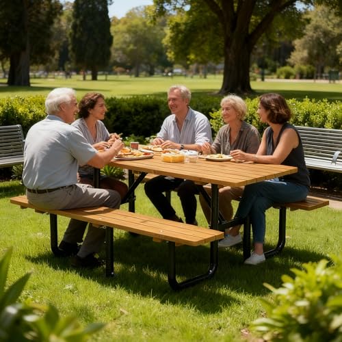 Outdoor Wooden Picnic Table Heavy Duty Picnic Tables Benches Set with Umbrella Hole , 72” Dining Table Set for 6 Person Metal Frame & Solid Wood Waterproof Tabletop for Backyard, Porch, Patio(Natural - size: Heavy Duty-yellow