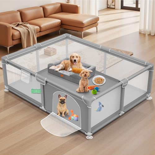 71x59x26 Inches Puppy Playpen with Gate, Dog Playpen for Puppies or Small Dogs, Sturdy Safety Dog Fence Pet Playpen with Thickened Fabric, High-Strength Nylon Wire Mesh for Indoor & Outdoor,Washable - color: Light Grey-Extra Large