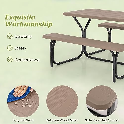 Moccha Picnic Table Bench Set, Portable Plastic Picnic Table w/Steel Frame & Wood-Like Texture, All Weather Heavy Duty Picnic Table Kit, Picnic Tables for Outdoors Garden Patio Dining (Light Brown) - color: Light Brown
