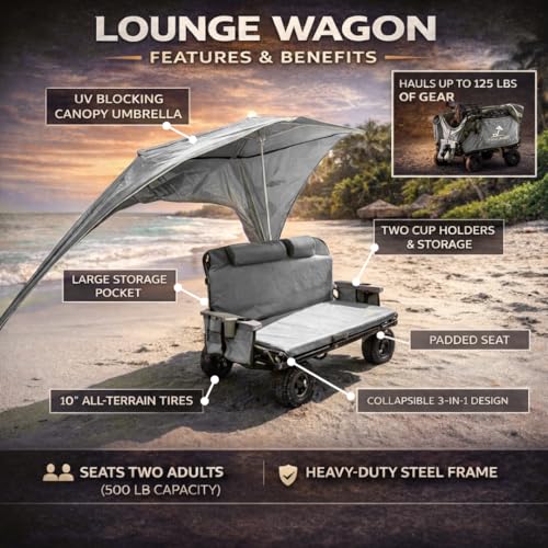 The Lounge Wagon – The Only Wagon that Converts into a 2-Person Chair - 3-in1 cart - Included Cargo net- Ultimate Beach Wagons– Beach Chairs for Adults – Sports Wagon(Umbrella Sold Separately), Gray - color: Gray