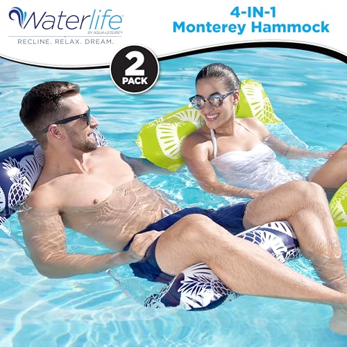 Waterlife 4-in-1 Pool Hammock 2-3-4 Packs, Inflatable Pool Chair Float, Water Hammock (Saddle, Lounge Chair, Hammock, Drifter), Multiple Colors - color: Navy Blue & Green