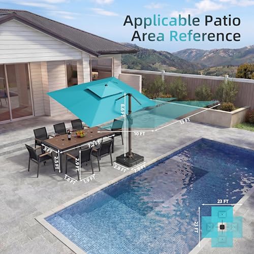 10 X 13 FT Cantilever Patio Umbrella with Base Included & Led Lights Outdoor Rectangle Offset Large Double Top Heavy Duty Umbrellas 360°Rotation for Pool Deck Backyard, Turquoise Green - color: Turquoise, size: 10×13 FT with Base