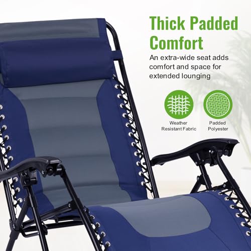 Backyard Expressions Deluxe XL Padded Recliner Zero Gravity Chair – Ergonomic Anti-Gravity Lounger with Folding Design, Side Tray, and Adjustable Headrest - color: Navy/Grey