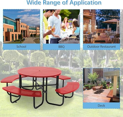 46-inch Red Round Outdoor Picnic Table with Umbrella Hole - Heavy Duty Coated Steel Metal Patio Dining Set for Garden, Courtyard, BBQ & Commercial Use - color: Red-round