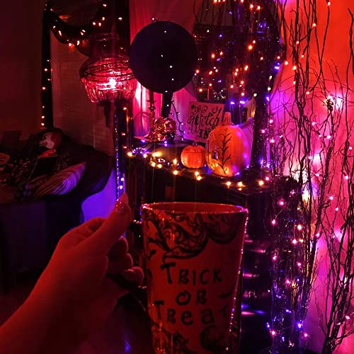 Purple and Orange Solar Halloween Lights Outdoor, Total 80 FT 240 LED Solar Powered Waterproof Fairy Lights 8 Modes Copper Black Wire Lights for Halloween Party Tree Wedding Yard Decorations, 2 Pack - color: Purple & Orange, size: 2 Pack