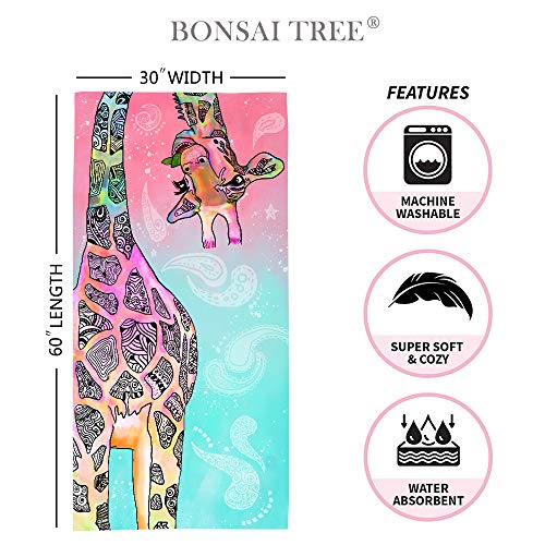 Bonsai Tree Giraffe Beach Towel, Cute Funny Teal Pink Mandala Giraffe Microfiber Bath Towel Gifts for Kids Women, Colorful Abstract Trippy Sand Free Quick Dry Travel Towels for Yoga Sports 30" x 60" - color: Giraffe 1, size: 30"x60"