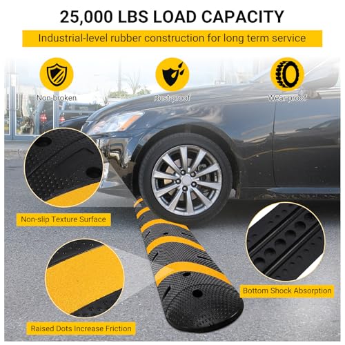 7FT Rubber Speed Bumps 2 Pack, Heavy Duty Traffic Speed Humps for Road, Driveway,Parking Lot, 66000 LBS Capacity, with 4 End Caps,8 Concrete Bolts - size: 6ft