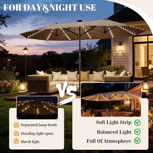 GDPFN 15ft Rectangular Patio Umbrella with Solar LED Lights, Double-Sided Outdoor Market Umbrella with Base Included, Extra Large Shade for Pool, Deck, Backyard, Garden, Beige - color: Beige, size: Base&led