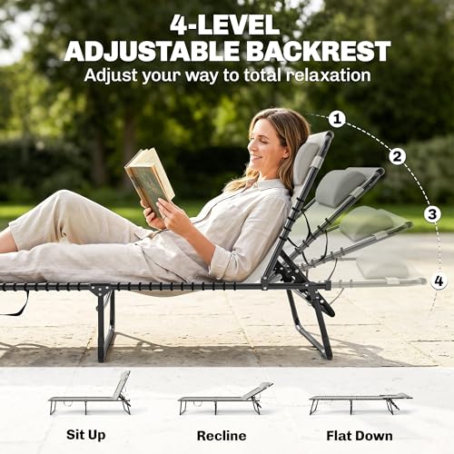 Outsunny Folding Chaise Lounge Chair, Patio Sun Tanning Chair, Outdoor Chaise Lounger with 4-Position Reclining Back, Breathable Mesh Seat for Beach, Poolside, Yard, Cream White - color: Cream White, size: 1 Pack