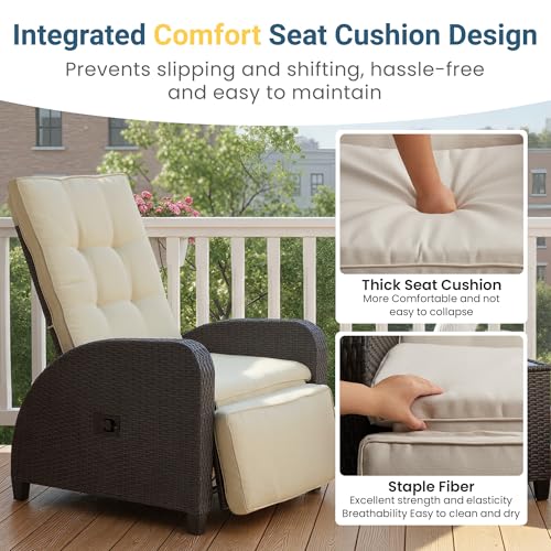 Green4ever Outdoor Patio Recliner with Adjustable Backrest and Footrest, All-Weather Wicker Patio Chair, 160° Lay Flat Patio Reclining Lounge Chair for Garden Backyard, Beige - color: Beige, size: 1 Piece
