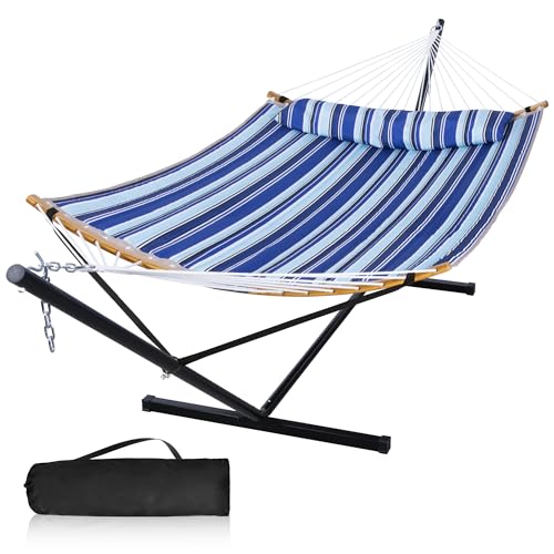 12 Ft Hammock with Stand for Outside, 2 Person Hammock Freestanding with Curved Spreader Bars, Pillow and Portable Bag, Heavy Duty 450 Lbs, Blue Stripes - color: A-blue Stripes