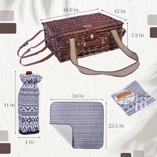 Neti Neti Wicker Picnic Basket for 2 Boho with Insulated Cooler & Waterproof Blanket – Large Willow Picnic Hamper for Outdoor, Camping, Beach, Romantic Dates, Valentine’s Day - color: Boho 4