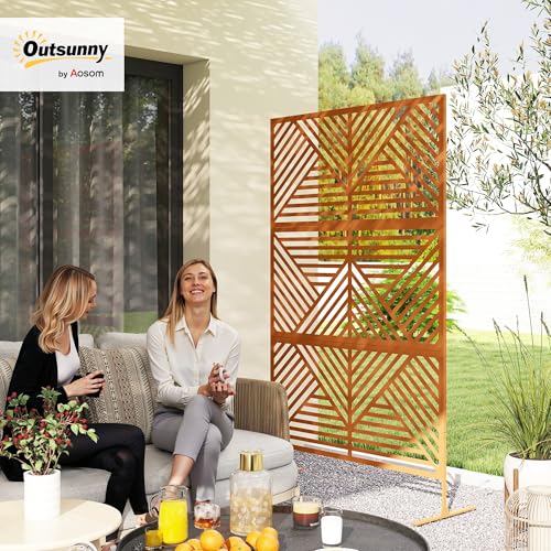Outsunny Metal Outdoor Privacy Screen, 78" H x 48" W Decorative Privacy Fence Screen, Freestanding Outdoor Divider with Stand, Climbing Plant Trellis for Garden Walkway, Balcony, Patio, Rhombus Brown - color: Brown/Rhombus