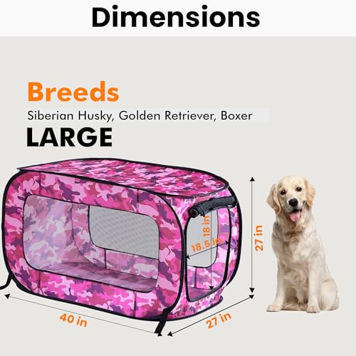 Beatrice Home Fashions Portable, Collapsible, Pop Up Kennel Travel Cat and Dog Crate, 40" L x 27" W x 27" H, Camo Pink - color: Camo Pink, size: 40.0"L x 27.0"W x 27.0"H