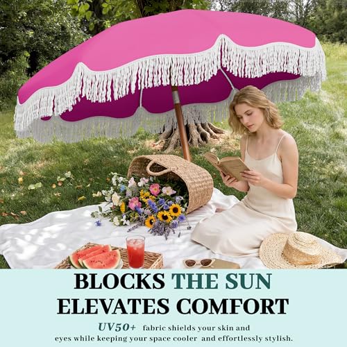 AreShark 7ft Patio Umbrella with Fringe, UPF50+ Beach Umbrella for Table, Pool & Garden, Portable Outdoor Tassels Umbrella w/Fiberglass Ribs&Push Bottom Tilt(Light Pink) - color: Light Pink, size: 7FT