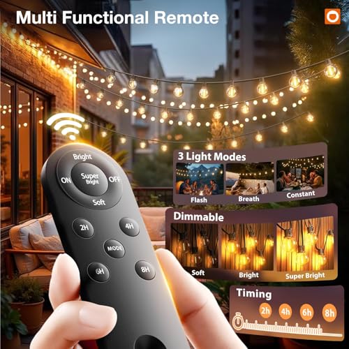 addlon 56FT(50+6) Solar String Lights Outdoor with 1FT Bulb Spacing, 50+2 Commercial G40 LED Bulbs, Solar & USB Charging, Remote, Timable, Dimmable Waterproof Patio Lights for Balcony, Porch, Yard - size: 50+6FT(50 Sockets)