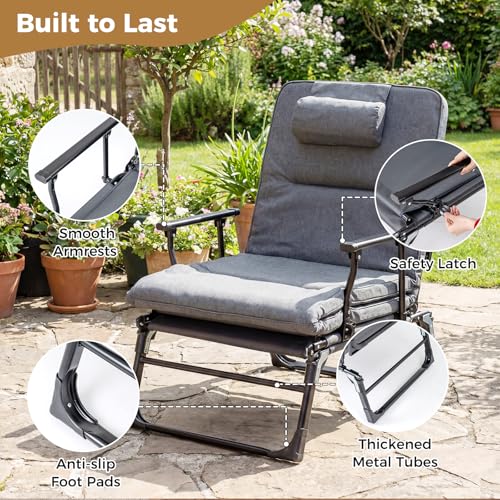 Tangkula Lounge Chair Outdoor with Cushion, 3 in 1 Convertible Outdoor Indoor Heavy Duty Folding Chaise Lounge Chair with 6-Position Adjustable Backrest & Flip-up Pillow (1,Gray)