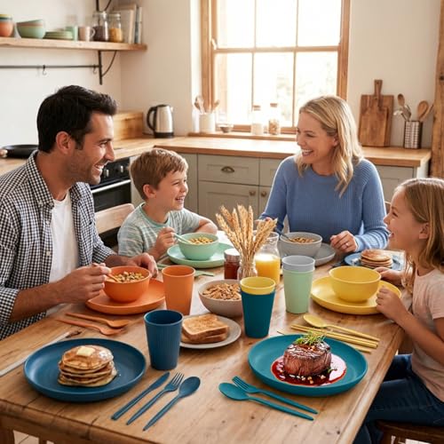 SHECIPIN 42Pcs Wheat Straw Dinnerware Sets, Unbreakable Plates and Bowls Sets, Eco Friendly Non Breakable Dinnerware, Dishwasher Microwave Safe Dinnerware - color: Colorful