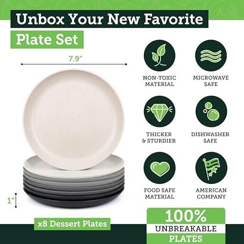 Grow Forward Premium Wheat Straw Plates - 8 Inch Reusable Hard Plastic Dinner Plates Set of 8 - Unbreakable Microwave Safe Plates for Dessert, Camping, RV, Outdoors, Patio, Kitchen Dishes - Moonlight - color: Moonlight, size: 8 inch