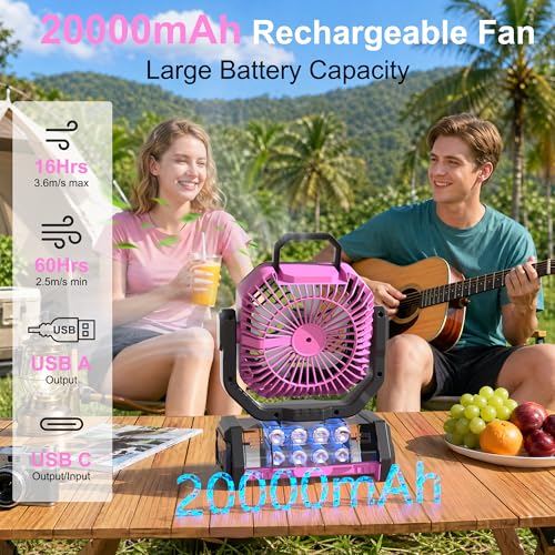 Honesorn Portable Fan Rechargeable 20000mAh, Camping Fan with LED Light & Remote, USB C Cordless Battery Powered, 4 Speeds Timer Hanging Hook for Travel Tent Outdoor Essentials - Pink - color: Pink