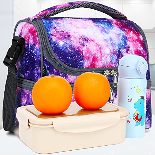 FlowFly Double Decker Cooler Insulated Lunch Bag Large Tote for Boys, Girls, Men, Women, With Adjustable Strap,Galaxy - color: Galaxy