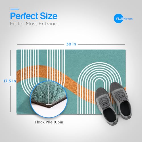 PLUS Haven Coco Coir Door Mat with Heavy Duty Backing, Natural Welcome Blue Abstract Doormat, 17.5”x 30” for Entrance, Front Porch, Easy to Clean Entry Mat, Outdoor and Indoor Uses - color: Blue Abstract